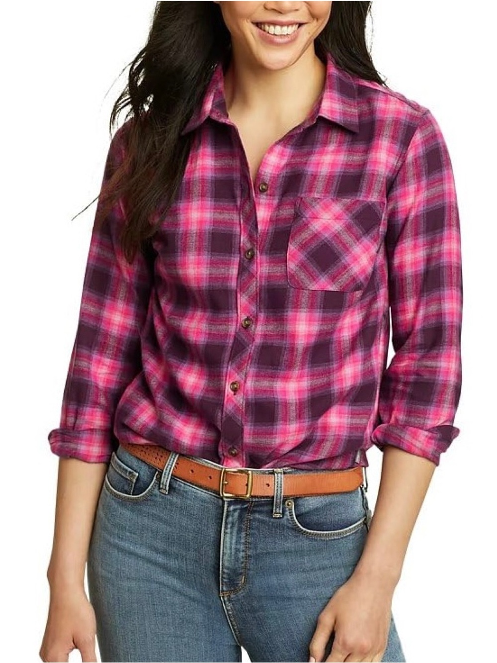 Eddie Bauer Classic Flannel Shirt Pink Plaid 100% Cotton Medium